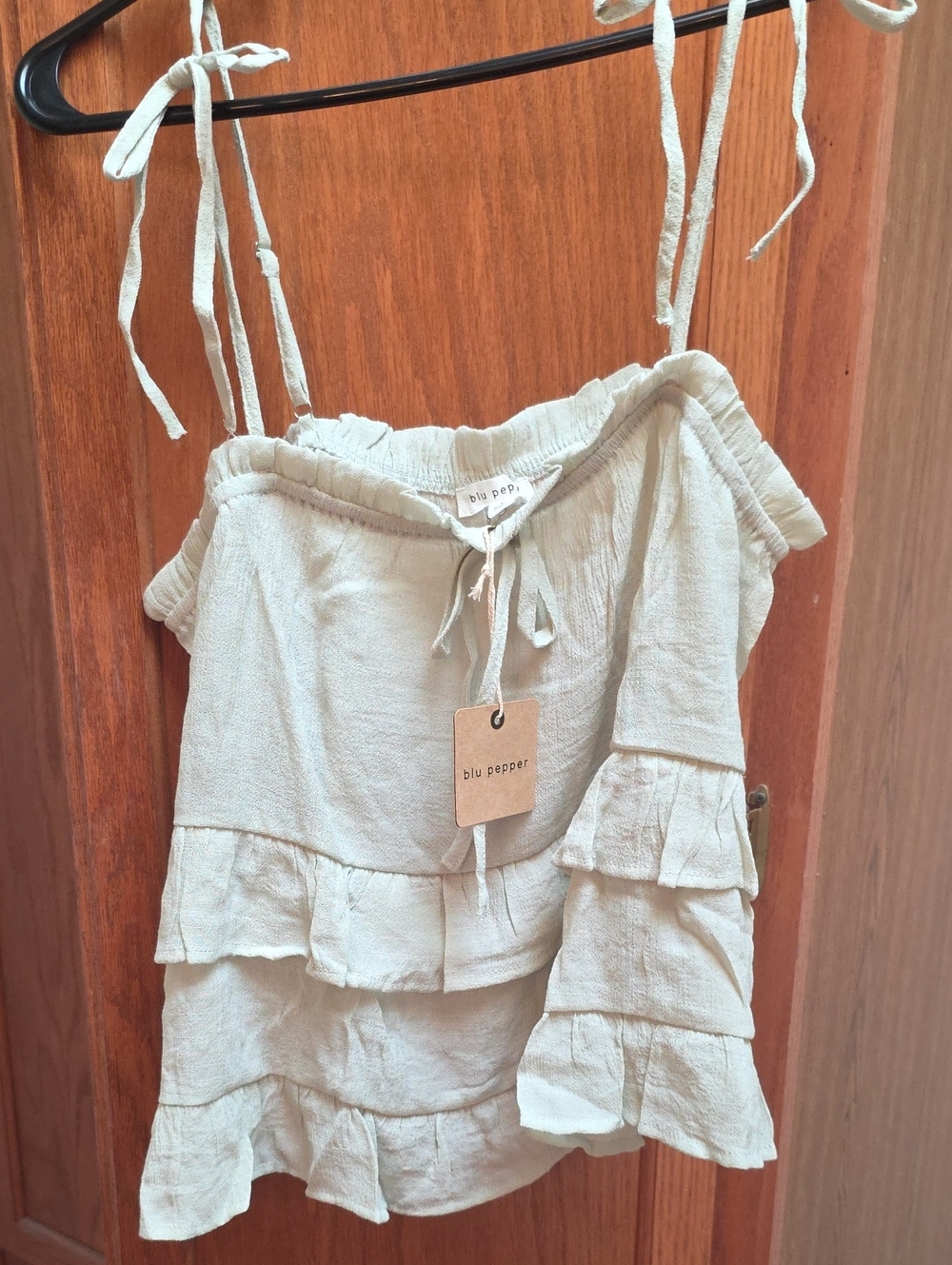 Blu Pepper Sage Green Tiered Ruffle Tie-Strap Tank NWT